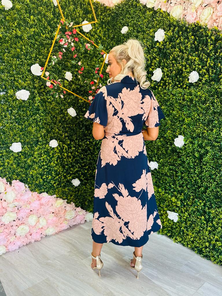 Roxana Shirt Detail Midi Dress Floral Navy