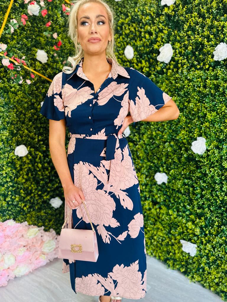 Roxana Shirt Detail Midi Dress Floral Navy