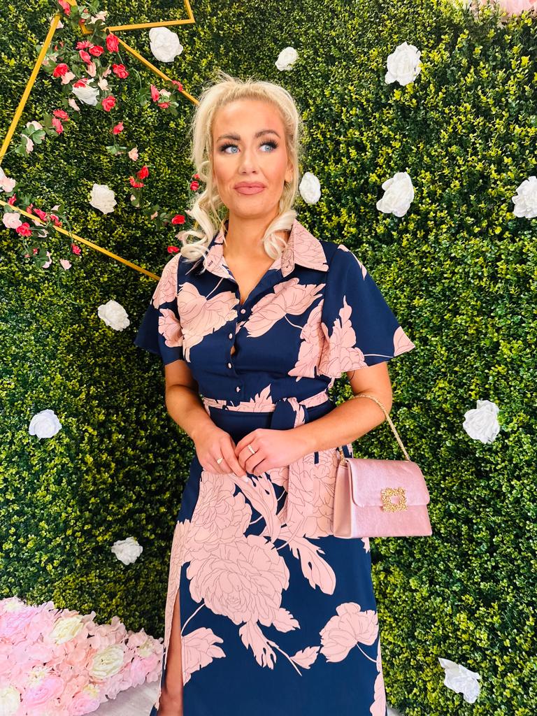 Roxana Shirt Detail Midi Dress Floral Navy