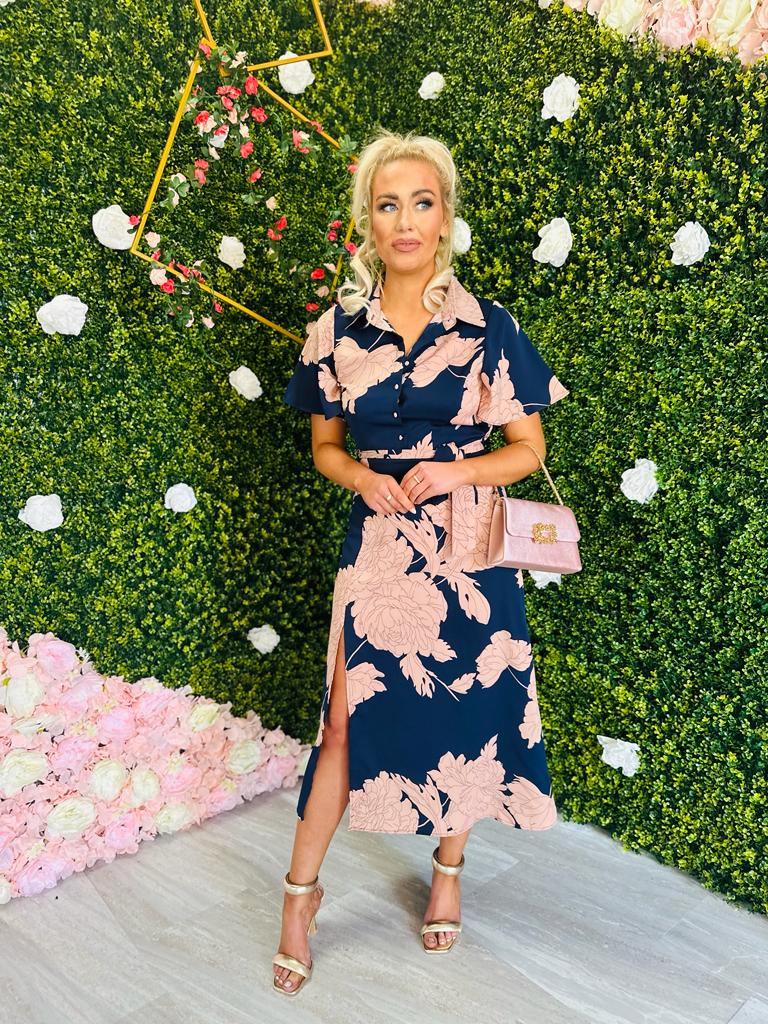 Roxana Shirt Detail Midi Dress Floral Navy