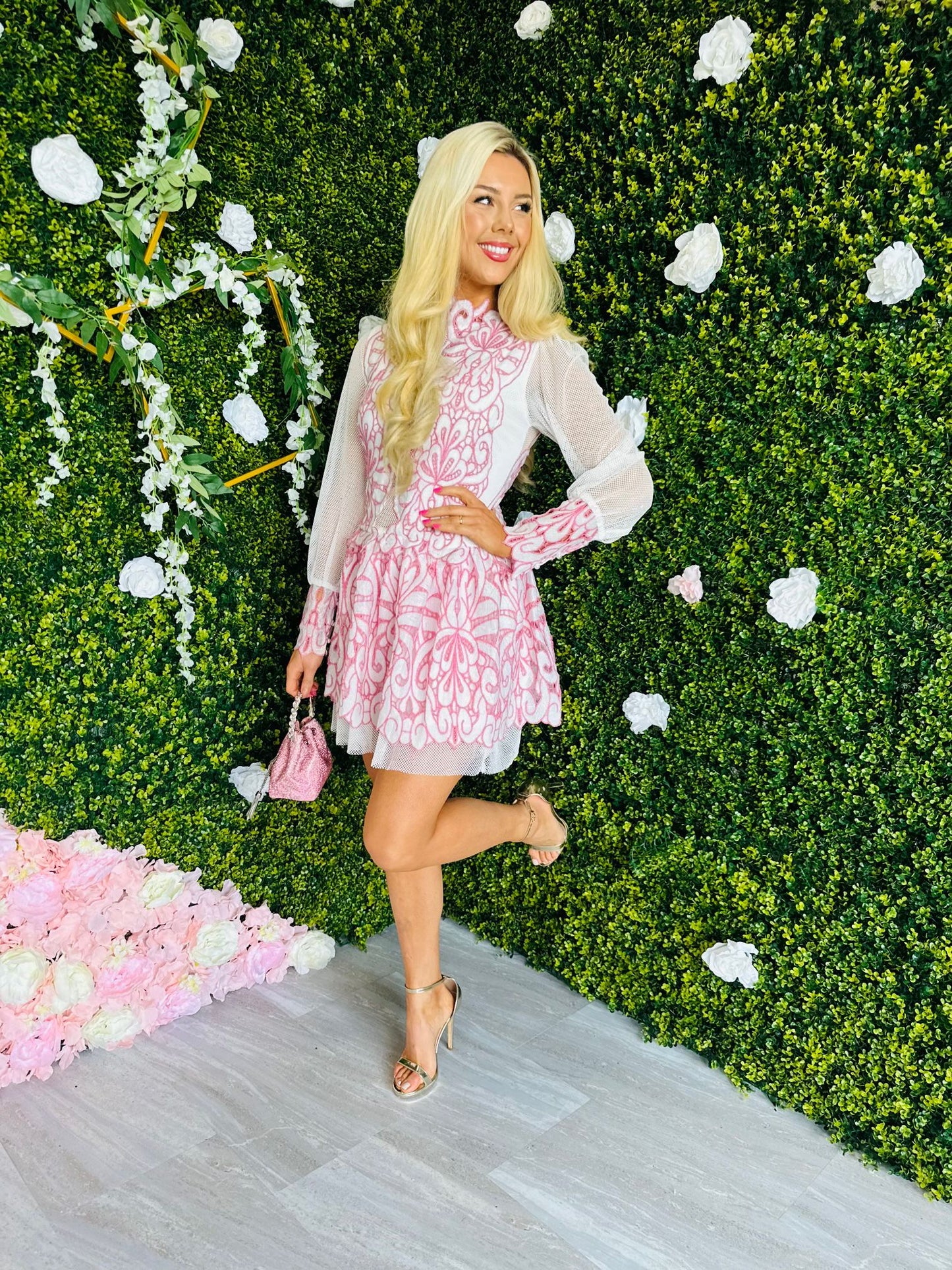 Courtney Crochet Dress White/Blush