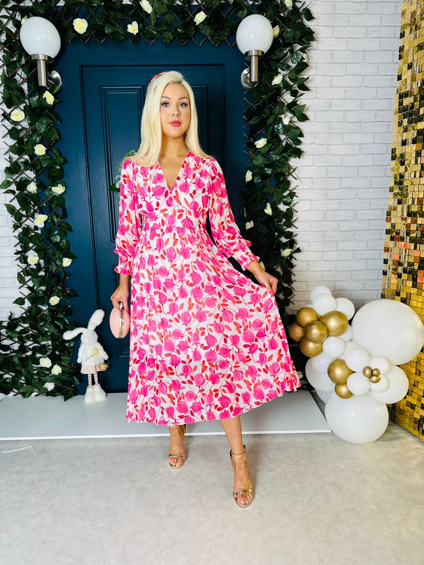 Haylen Banded Midi Dress Pink Floral
