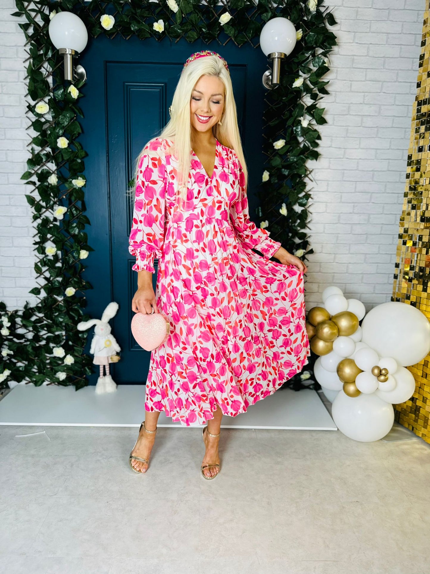 Haylen Banded Midi Dress Pink Floral