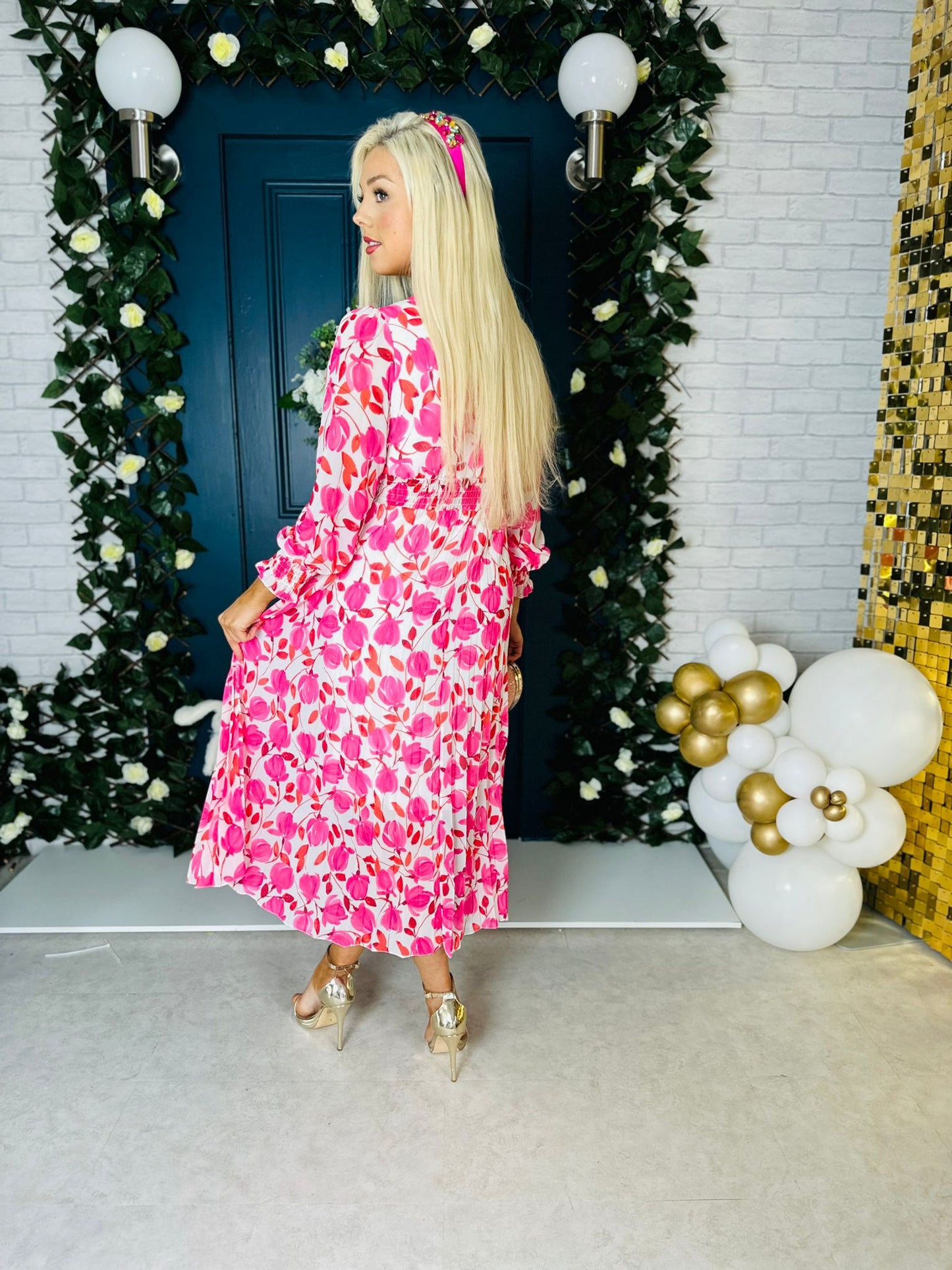 Haylen Banded Midi Dress Pink Floral