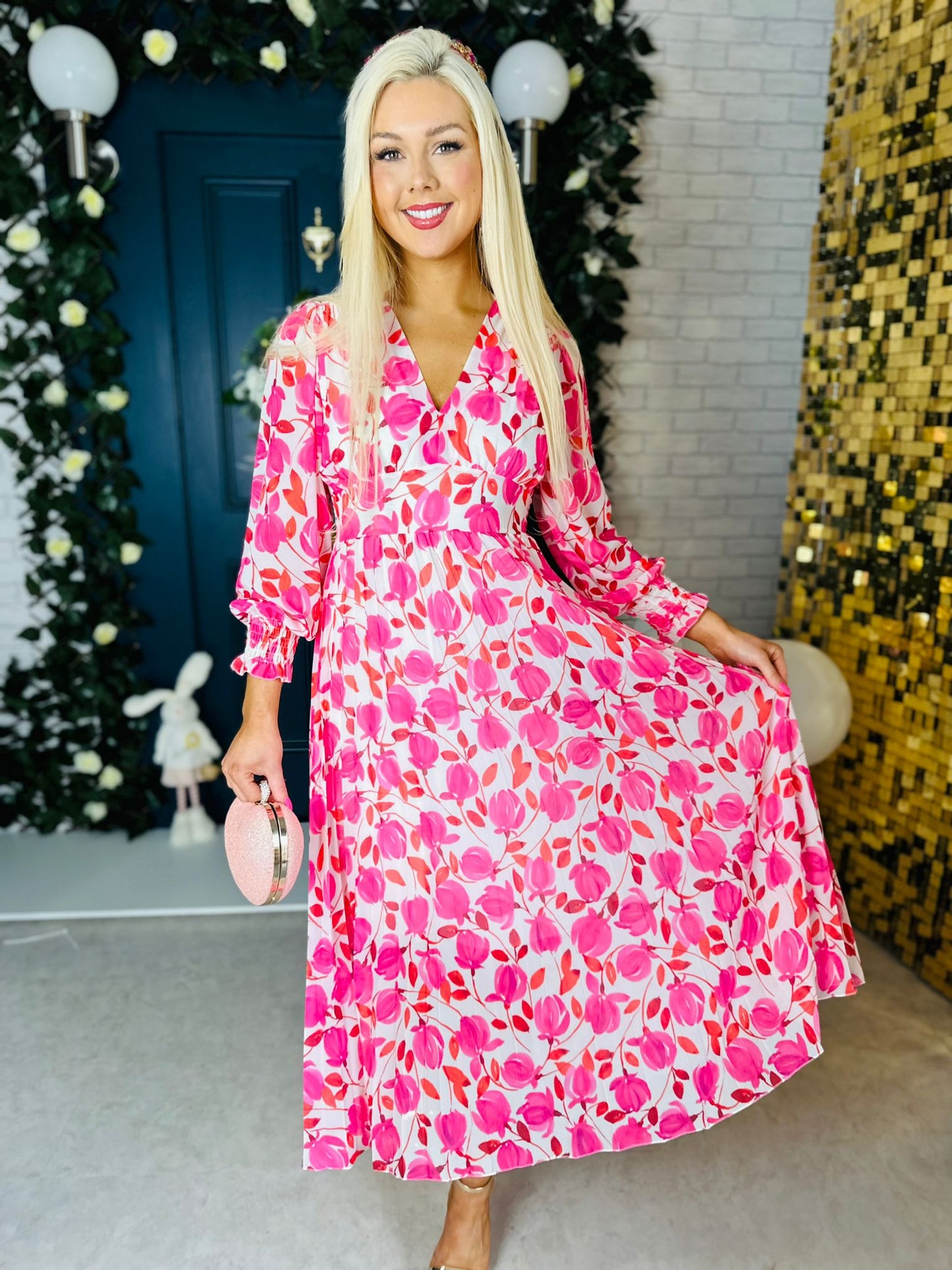 Haylen Banded Midi Dress Pink Floral