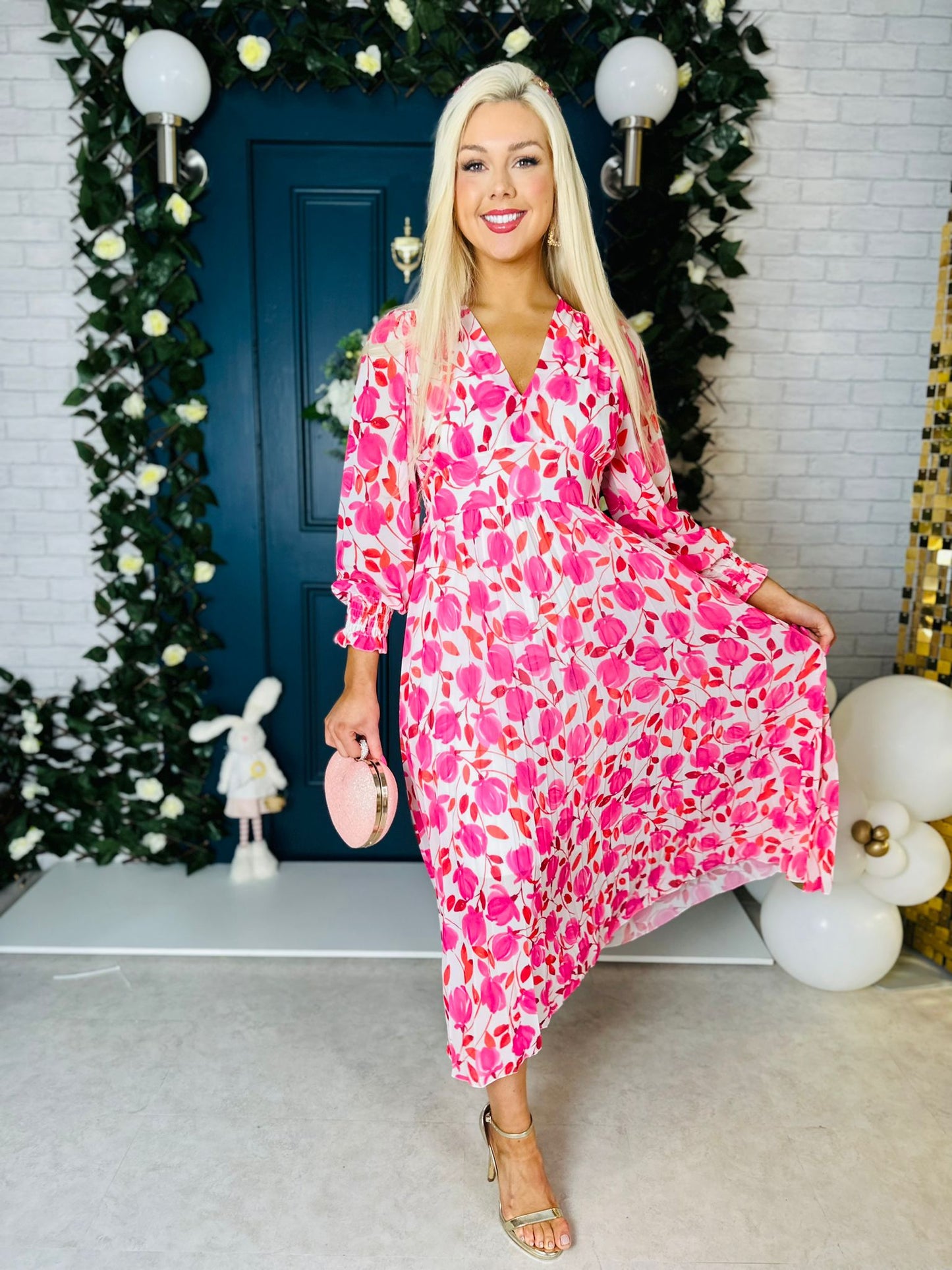 Haylen Banded Midi Dress Pink Floral