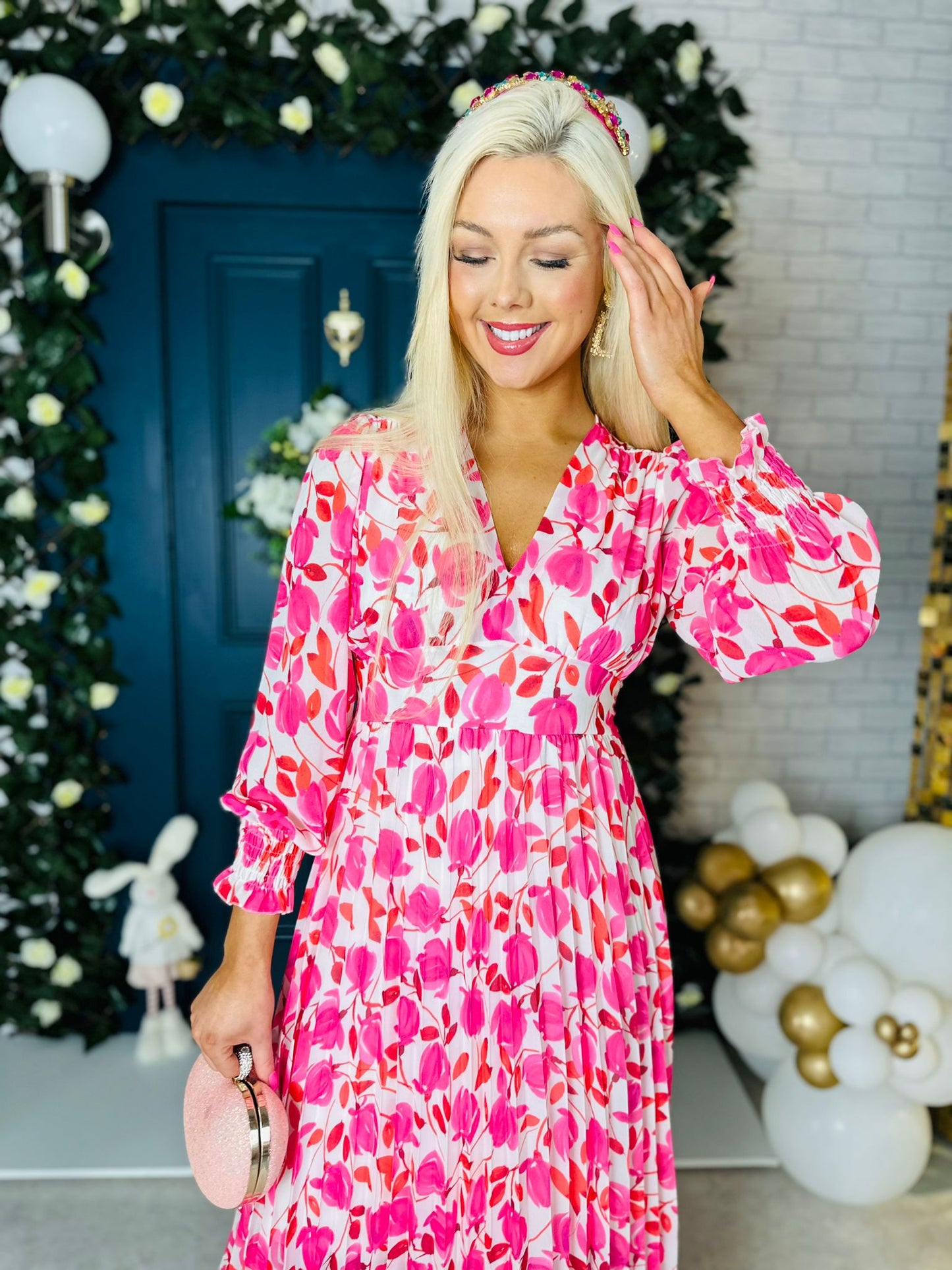 Haylen Banded Midi Dress Pink Floral