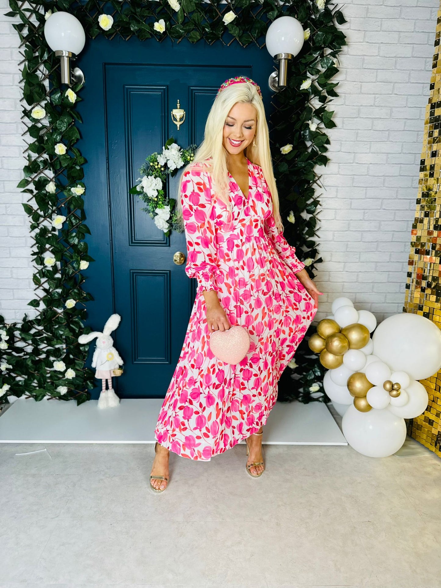 Haylen Banded Midi Dress Pink Floral