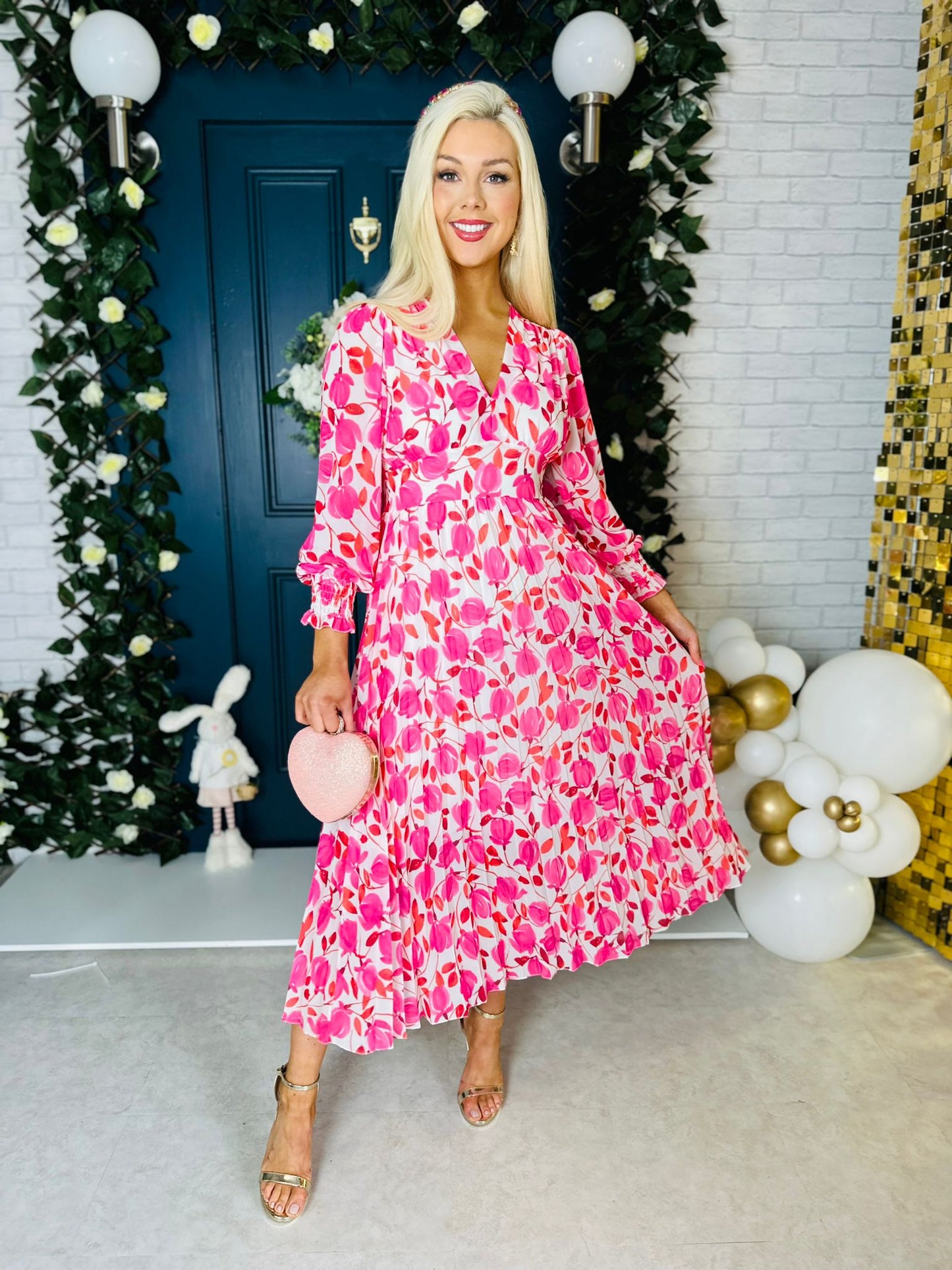 Haylen Banded Midi Dress Pink Floral