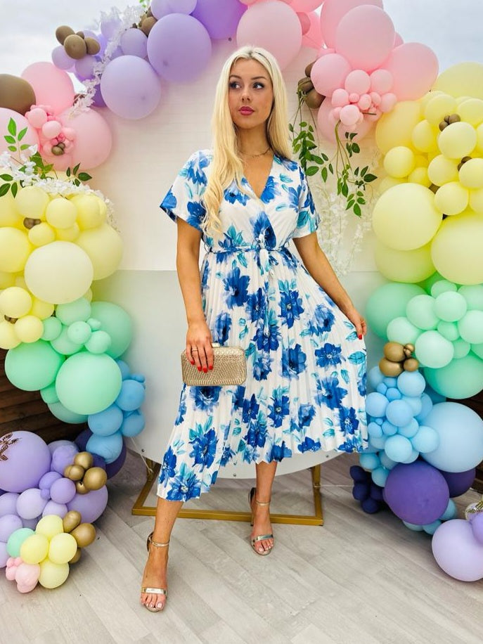 Miley Pleated Midi Dress Floral Blue