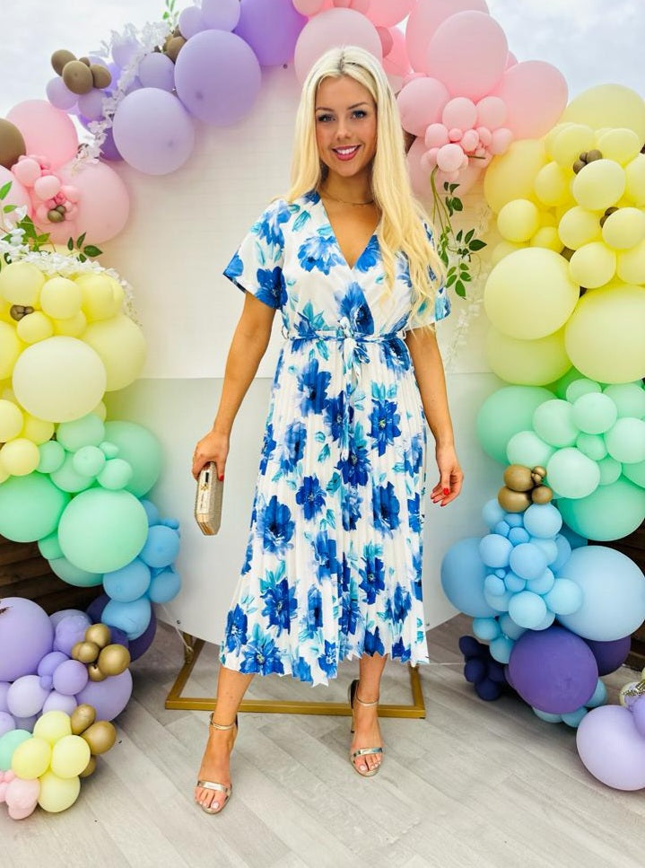 Miley Pleated Midi Dress Floral Blue