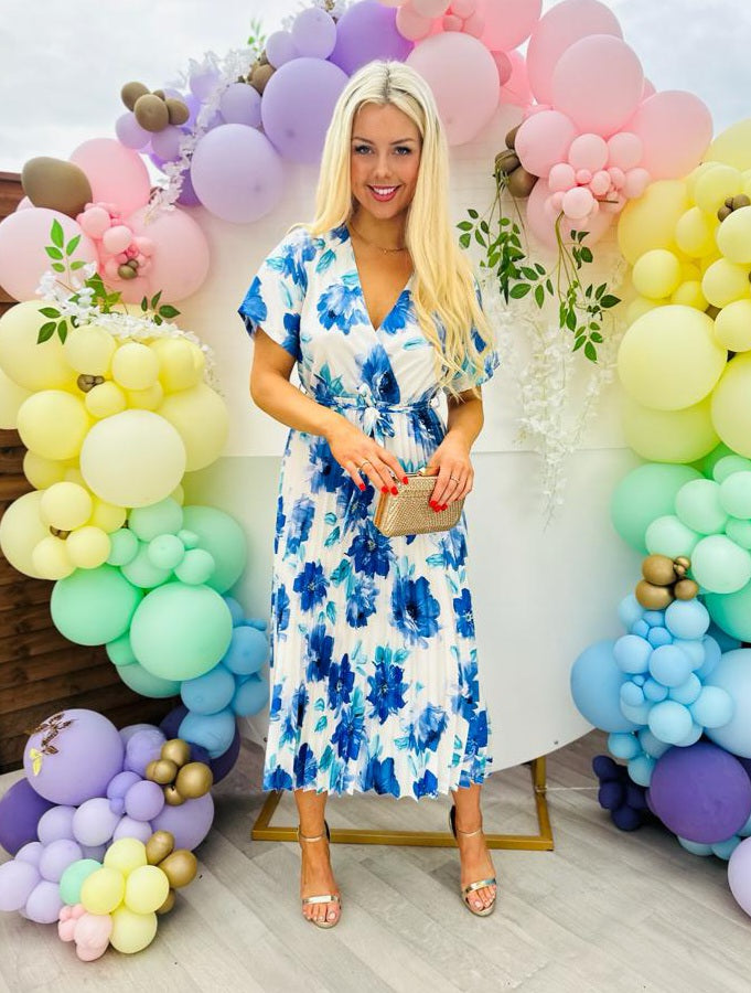Miley Pleated Midi Dress Floral Blue