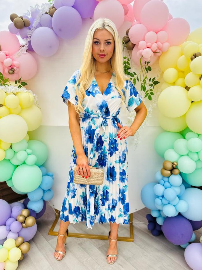 Miley Pleated Midi Dress Floral Blue
