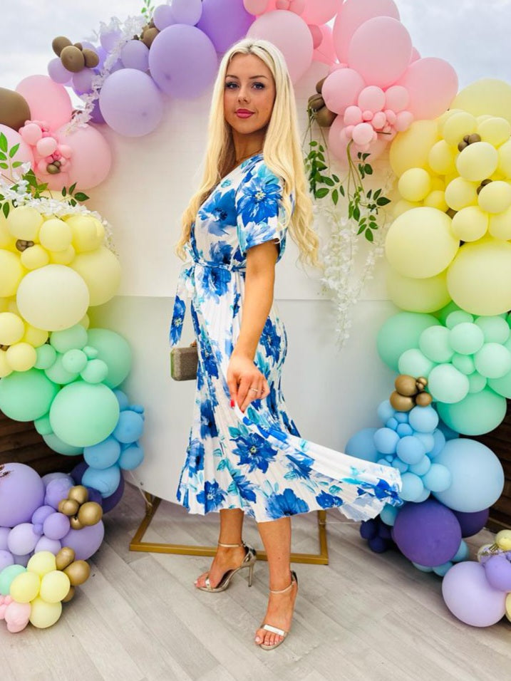 Miley Pleated Midi Dress Floral Blue