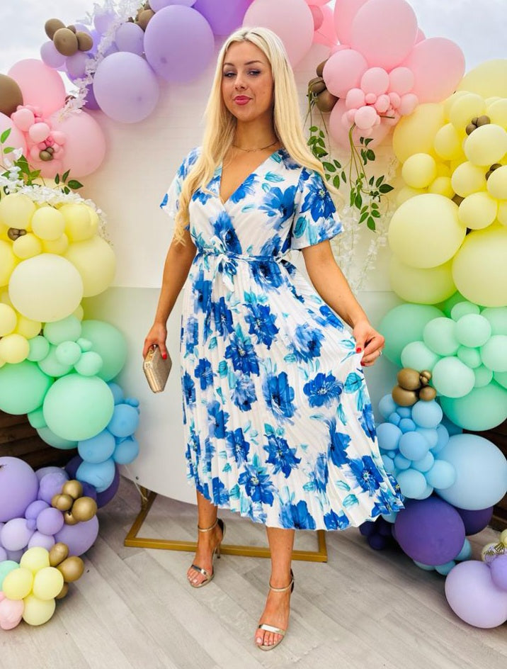 Miley Pleated Midi Dress Floral Blue
