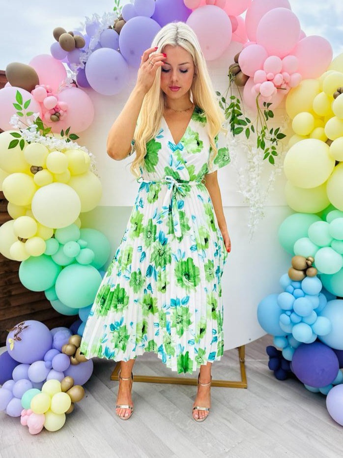 Miley Pleated Midi Dress Floral Green