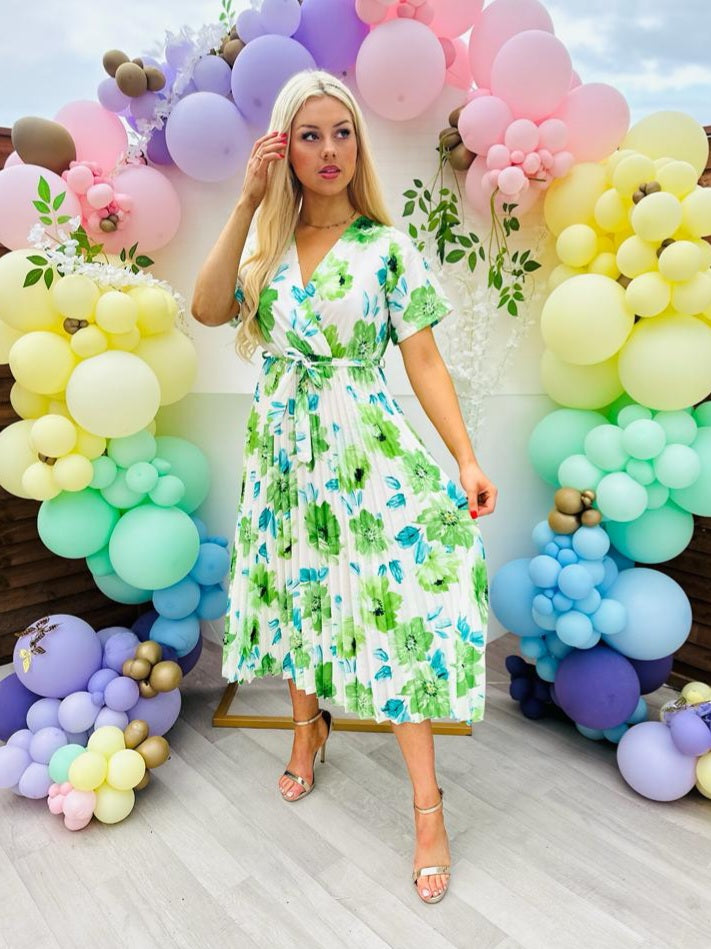 Miley Pleated Midi Dress Floral Green
