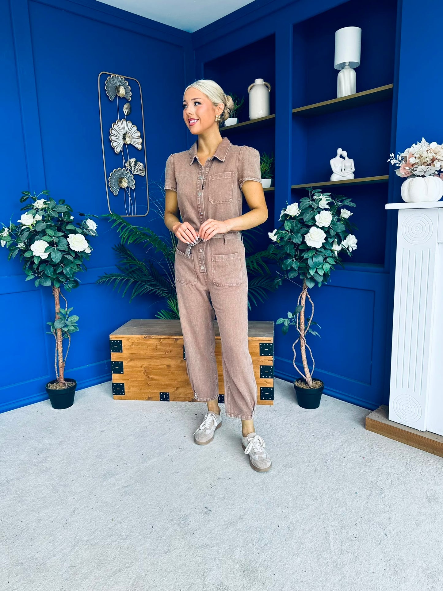 Marissa Short Sleeve Denim Jumpsuit Mocha PRE ORDER Arriving 15 August