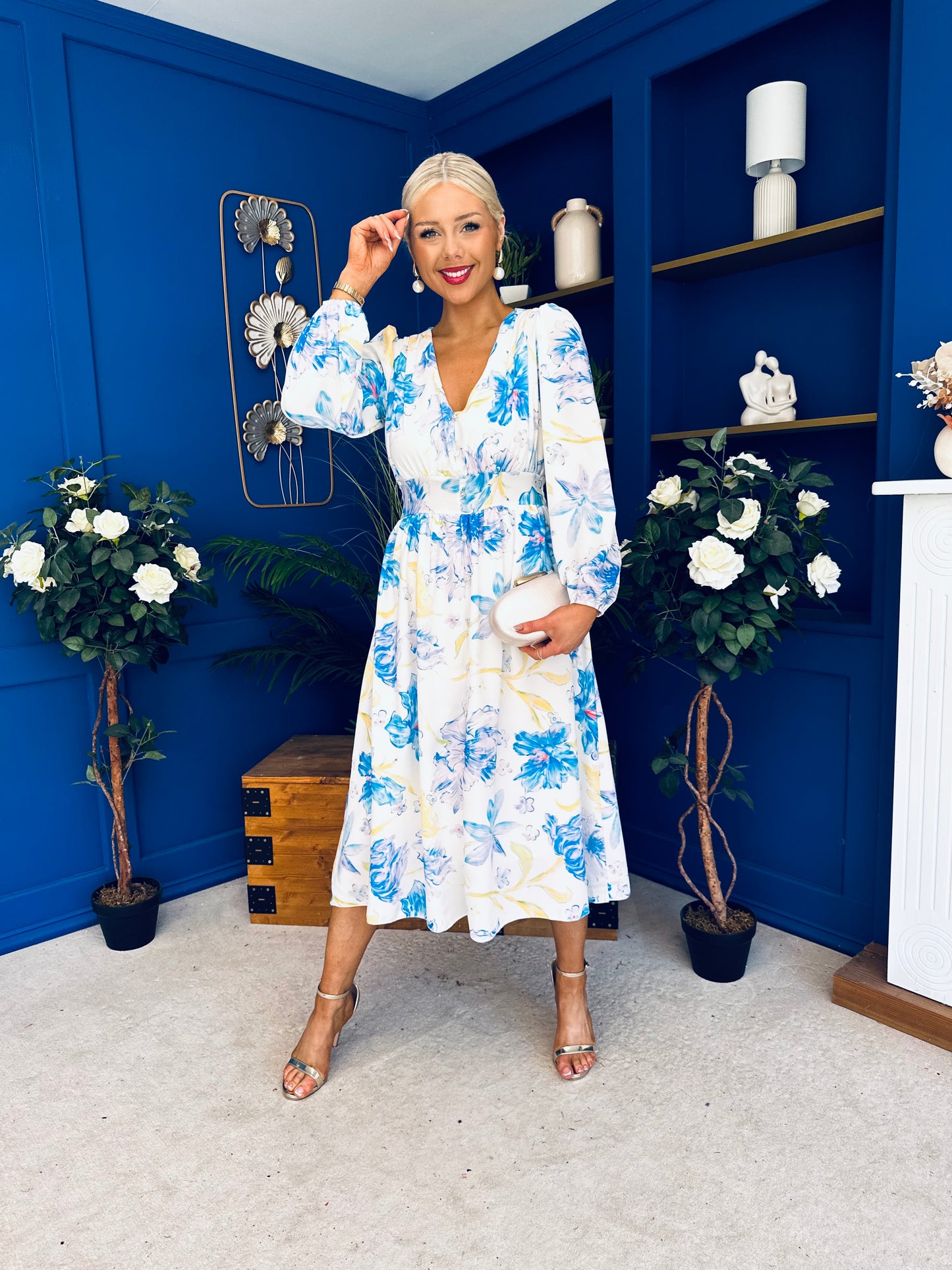 Grainne Button Detail Midi Dress Floral Blue