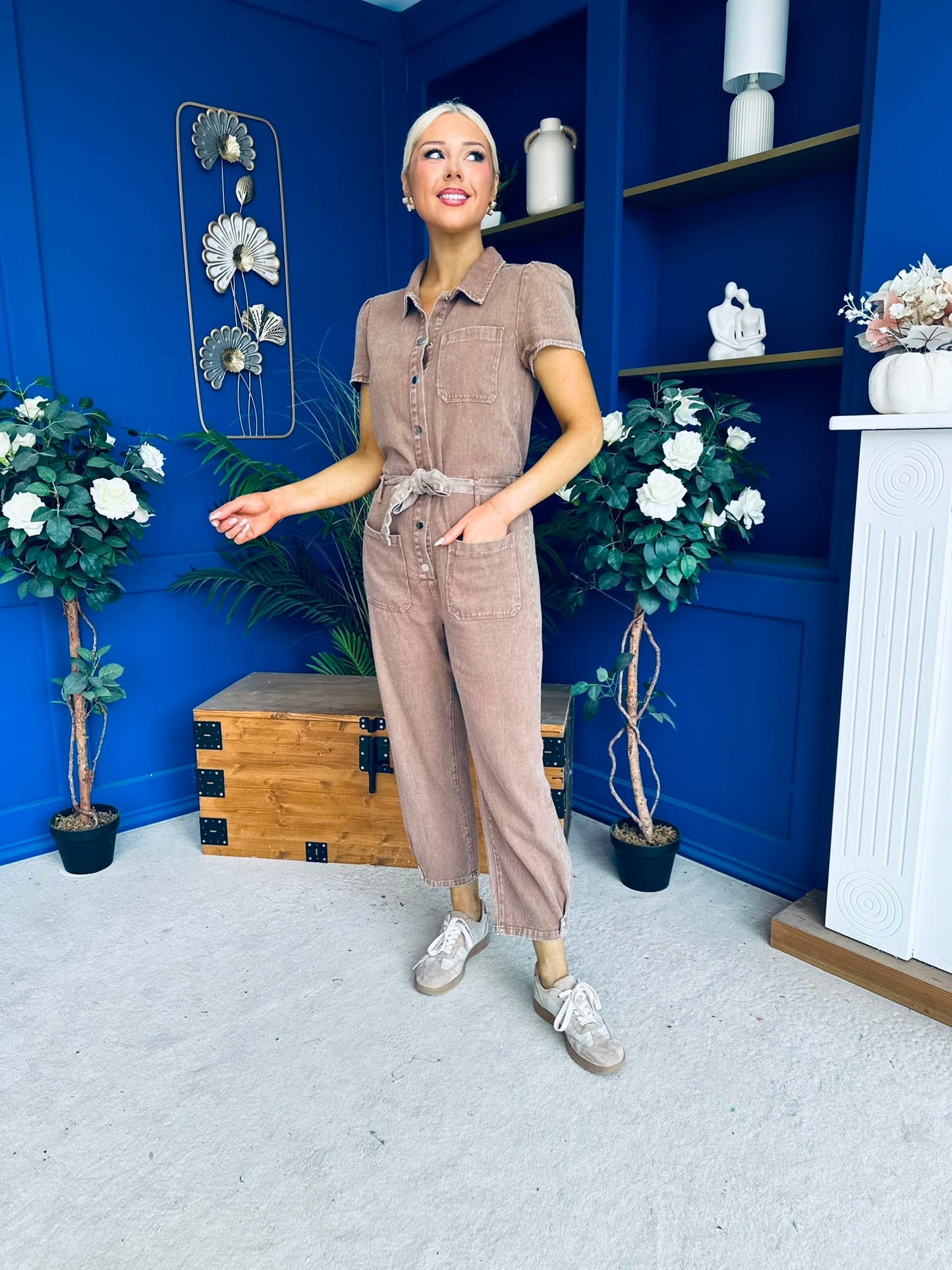 Marissa Short Sleeve Denim Jumpsuit Mocha PRE ORDER Arriving 15 August