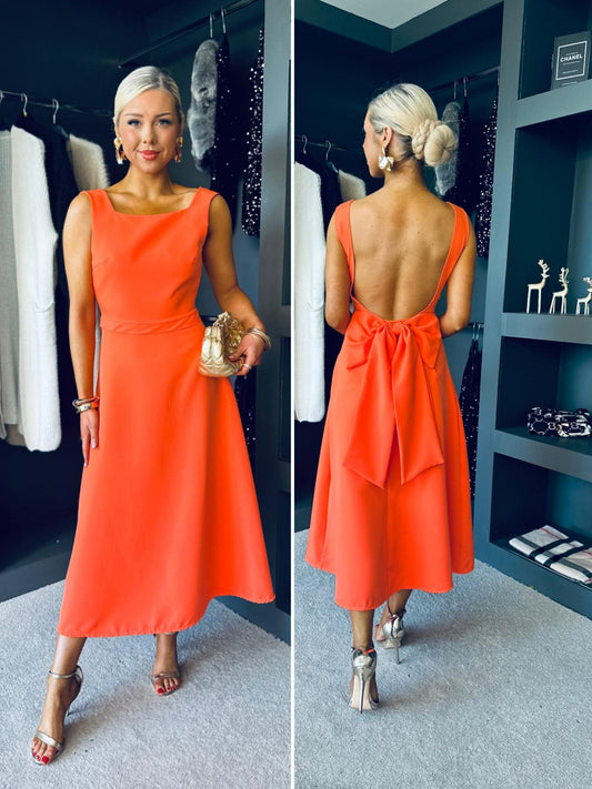 Antoinette Bow Detail Midi Dress Orange