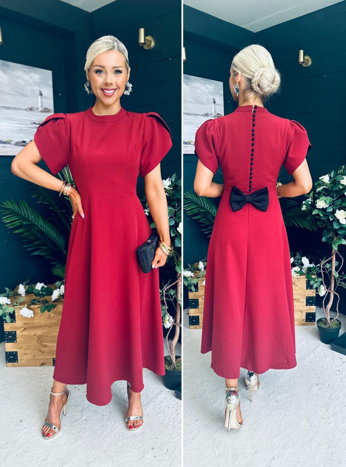 Poppie Bow Detail Midi Dress Burgundy