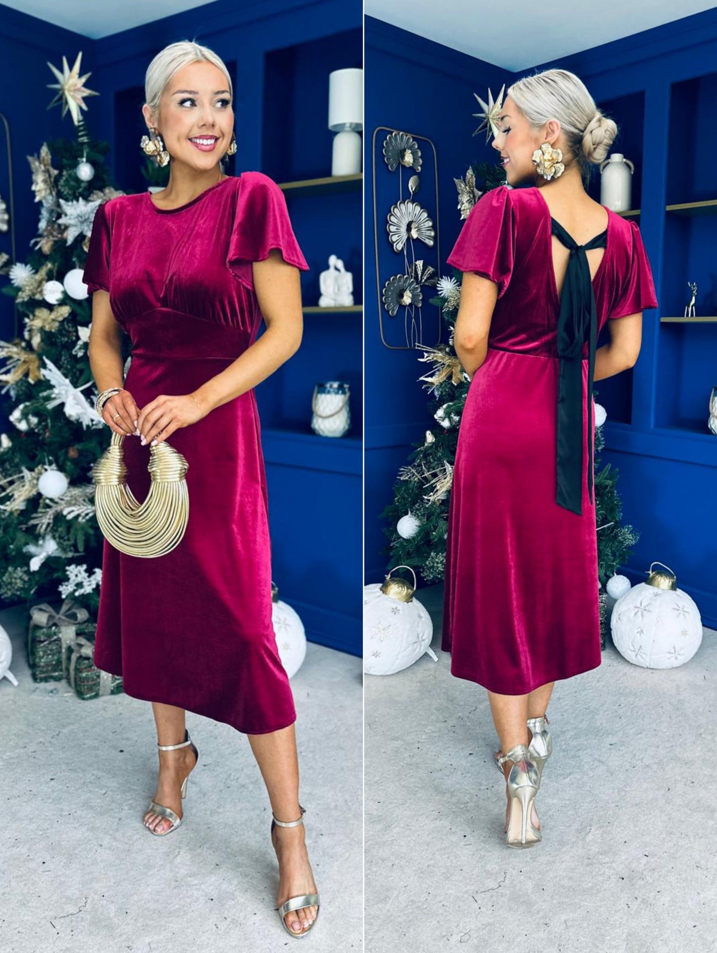 Jessica Angel Sleeve Bow Detail Velvet Dress Wine