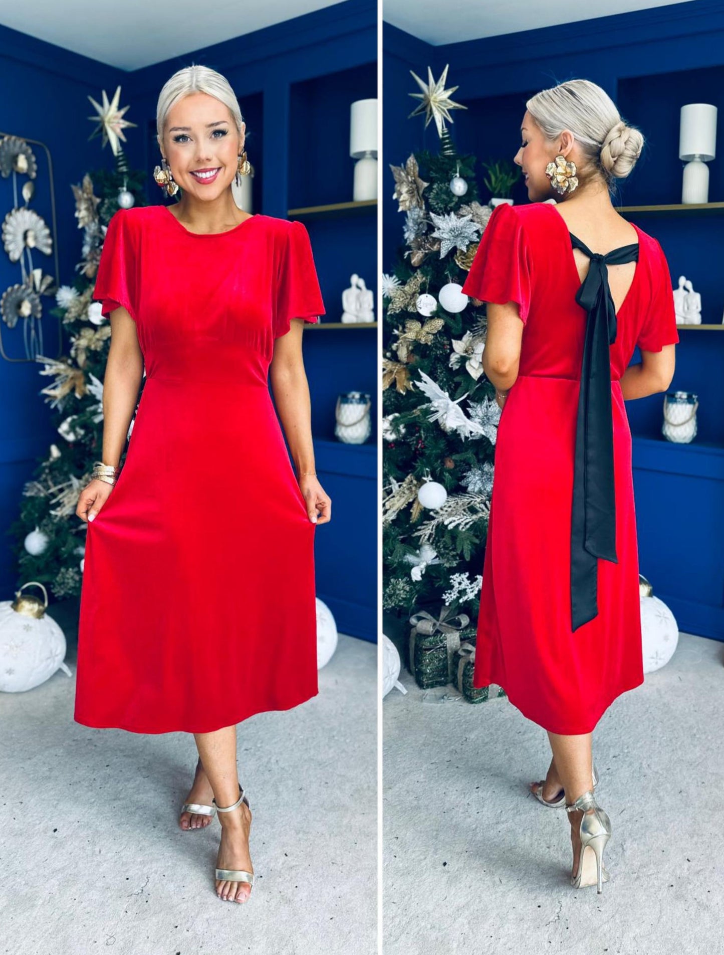 Jessica Angel Sleeve Bow Detail Velvet Dress Red