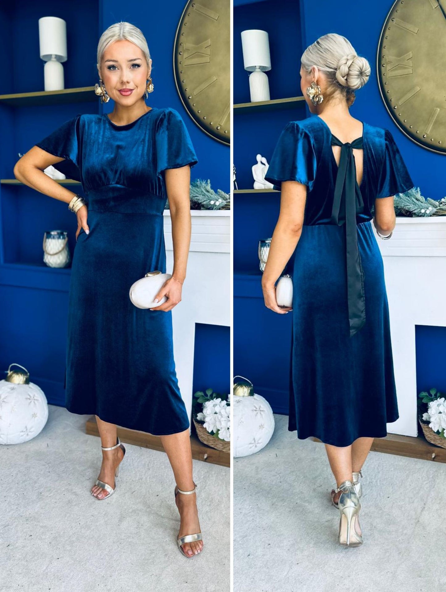 Jessica Angel Sleeve Bow Detail Velvet Dress Navy