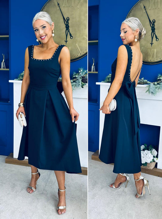 Harper Pearl & Bow Detail Midi Dress Navy