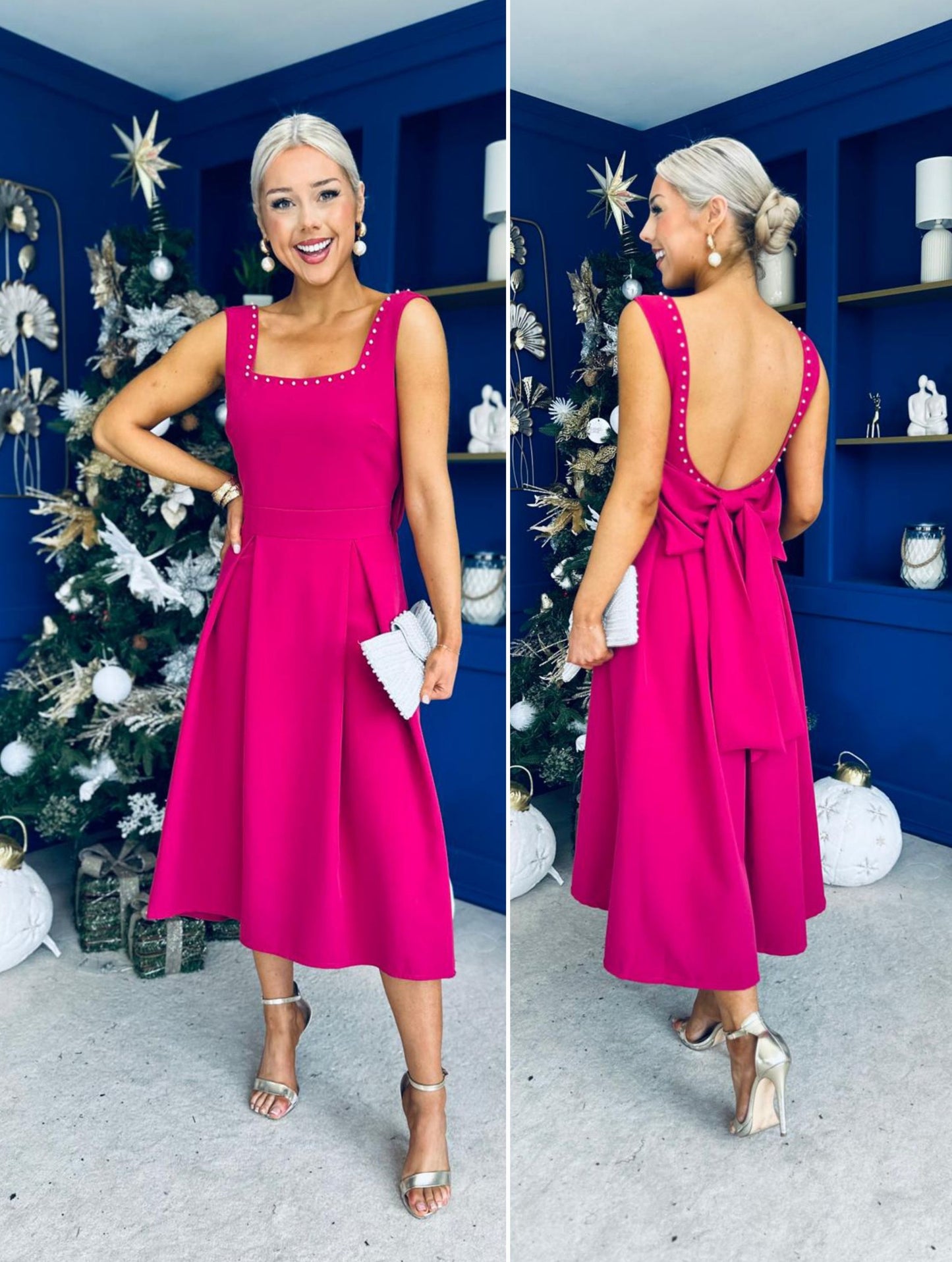 Harper Pearl & Bow Detail Midi Dress Raspberry