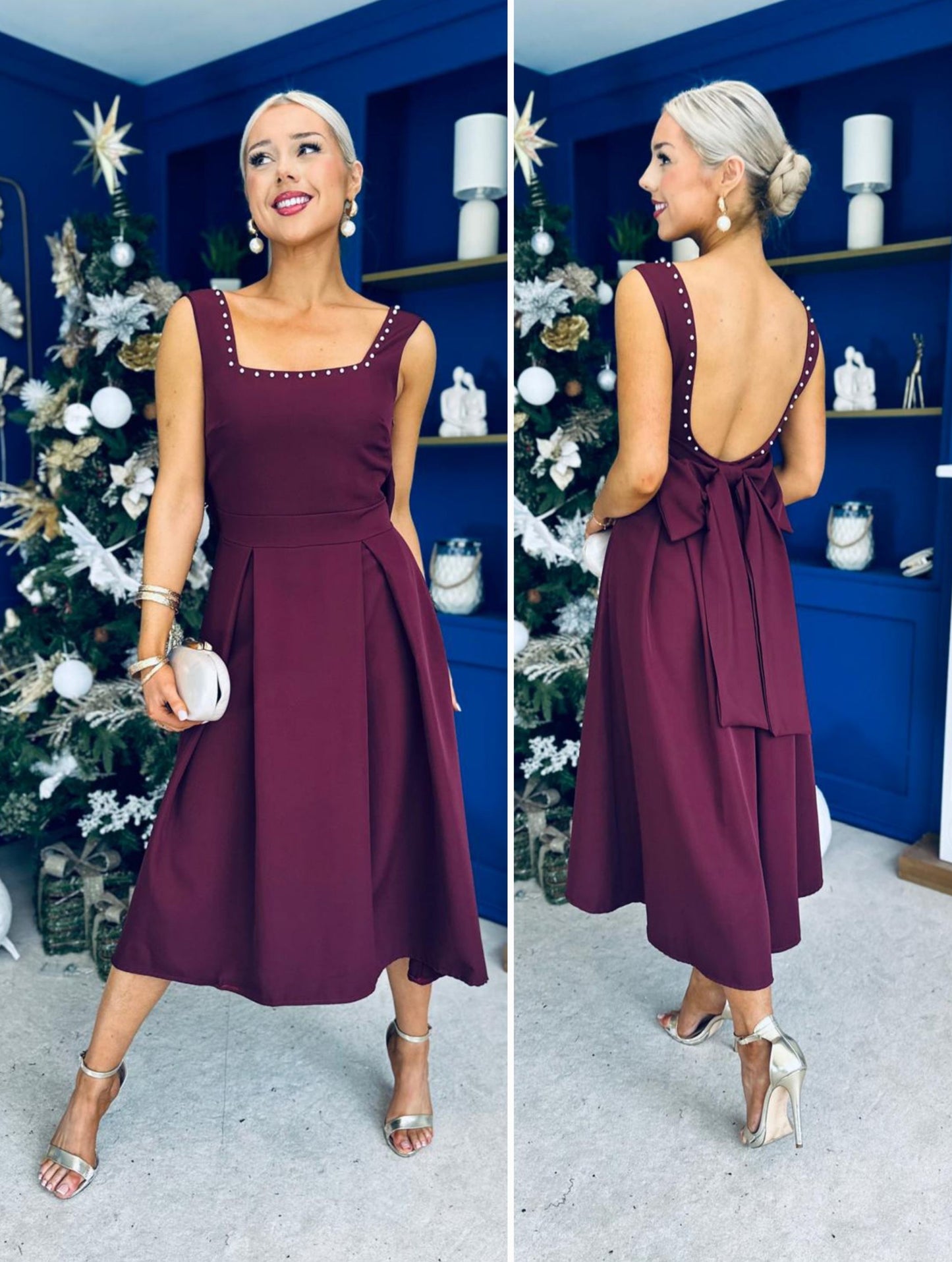 Harper Pearl & Bow Detail Midi Dress Burgundy
