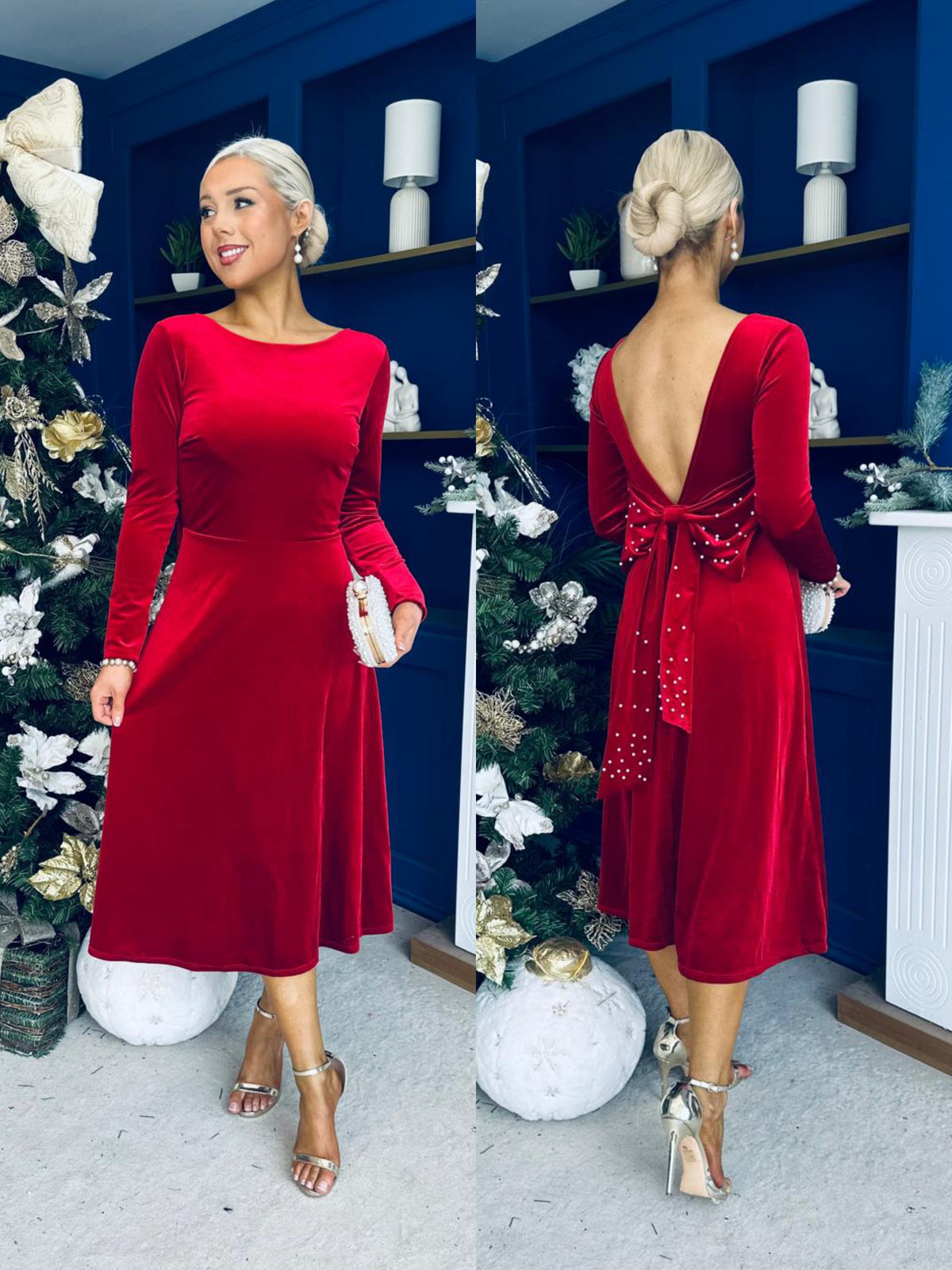 Taylor Pearl & Bow Detail Midi Dress Red