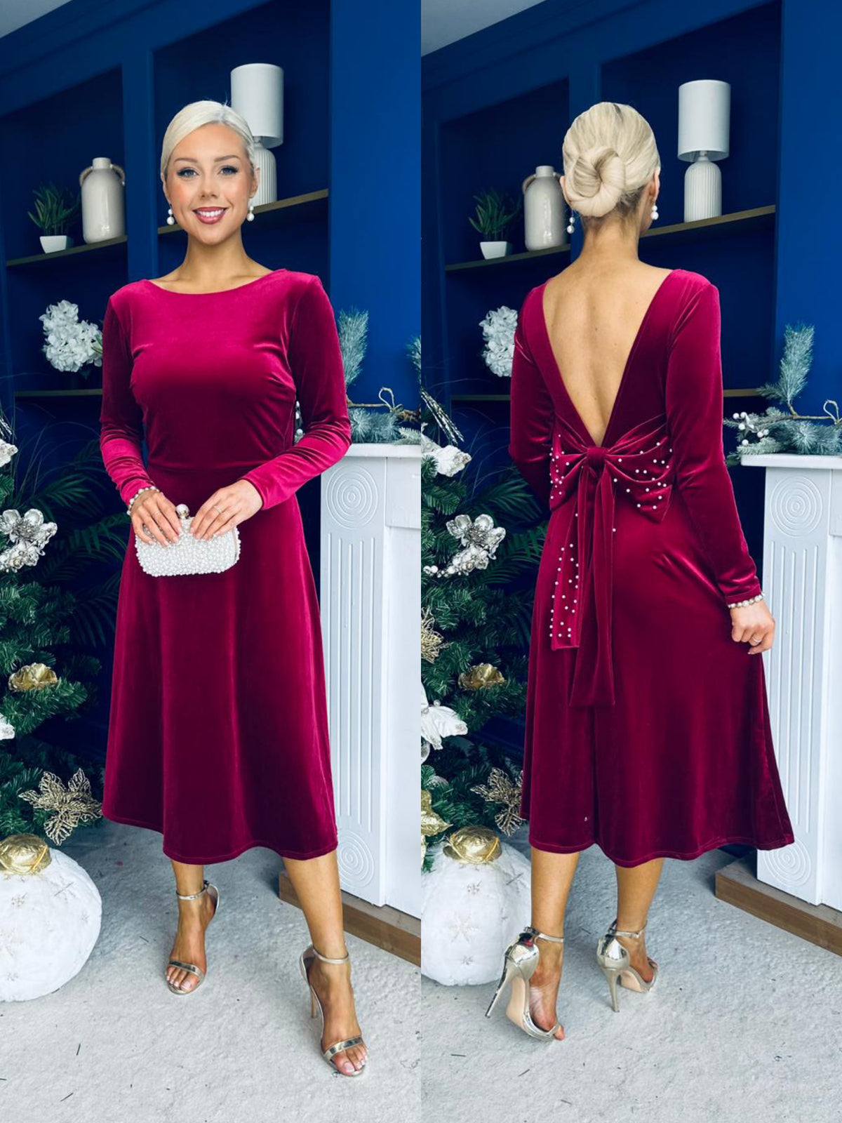 Taylor Pearl & Bow Detail Midi Dress Wine