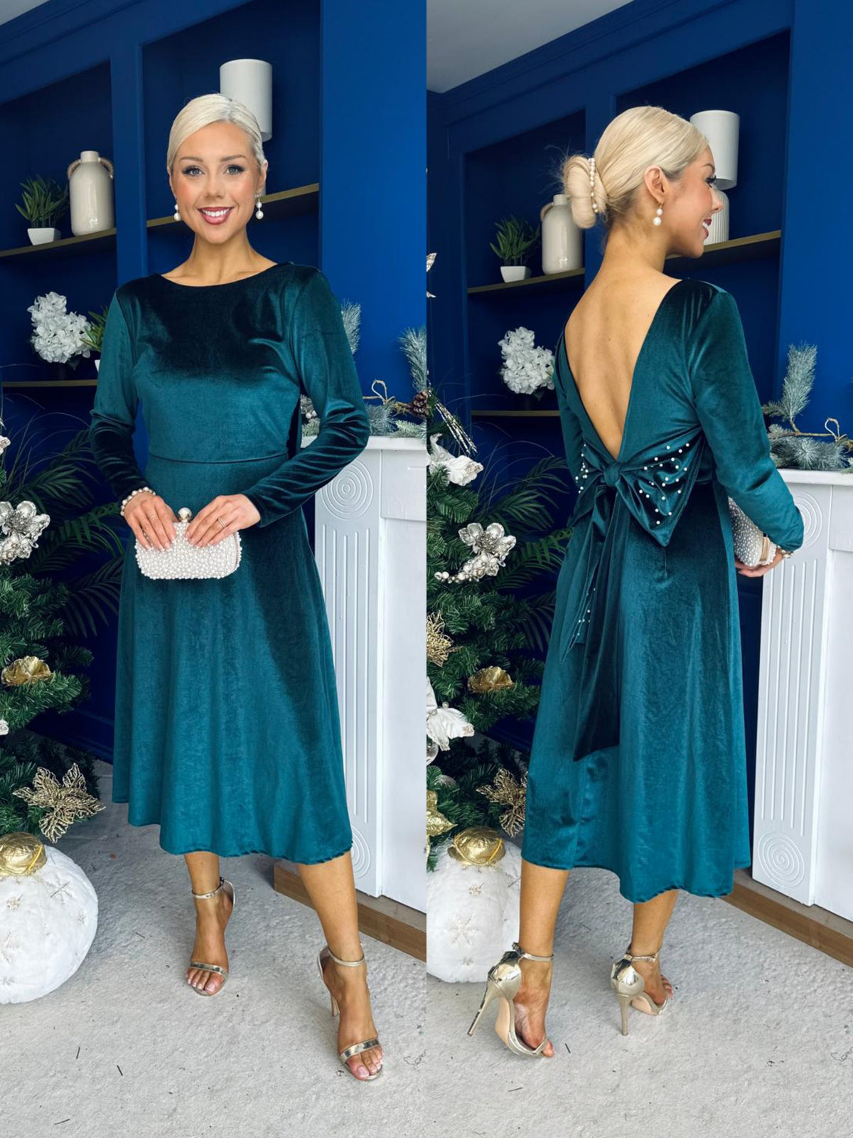 Taylor Pearl & Bow Detail Midi Dress Forest