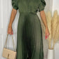 Nainsi Puff Sleeve Pleated Midi Dress Olive