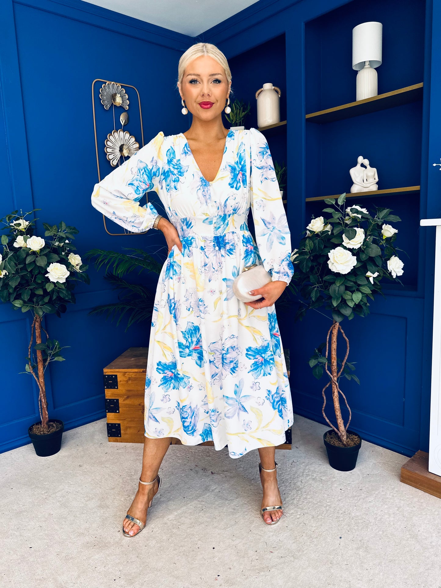 Grainne Button Detail Midi Dress Floral Blue