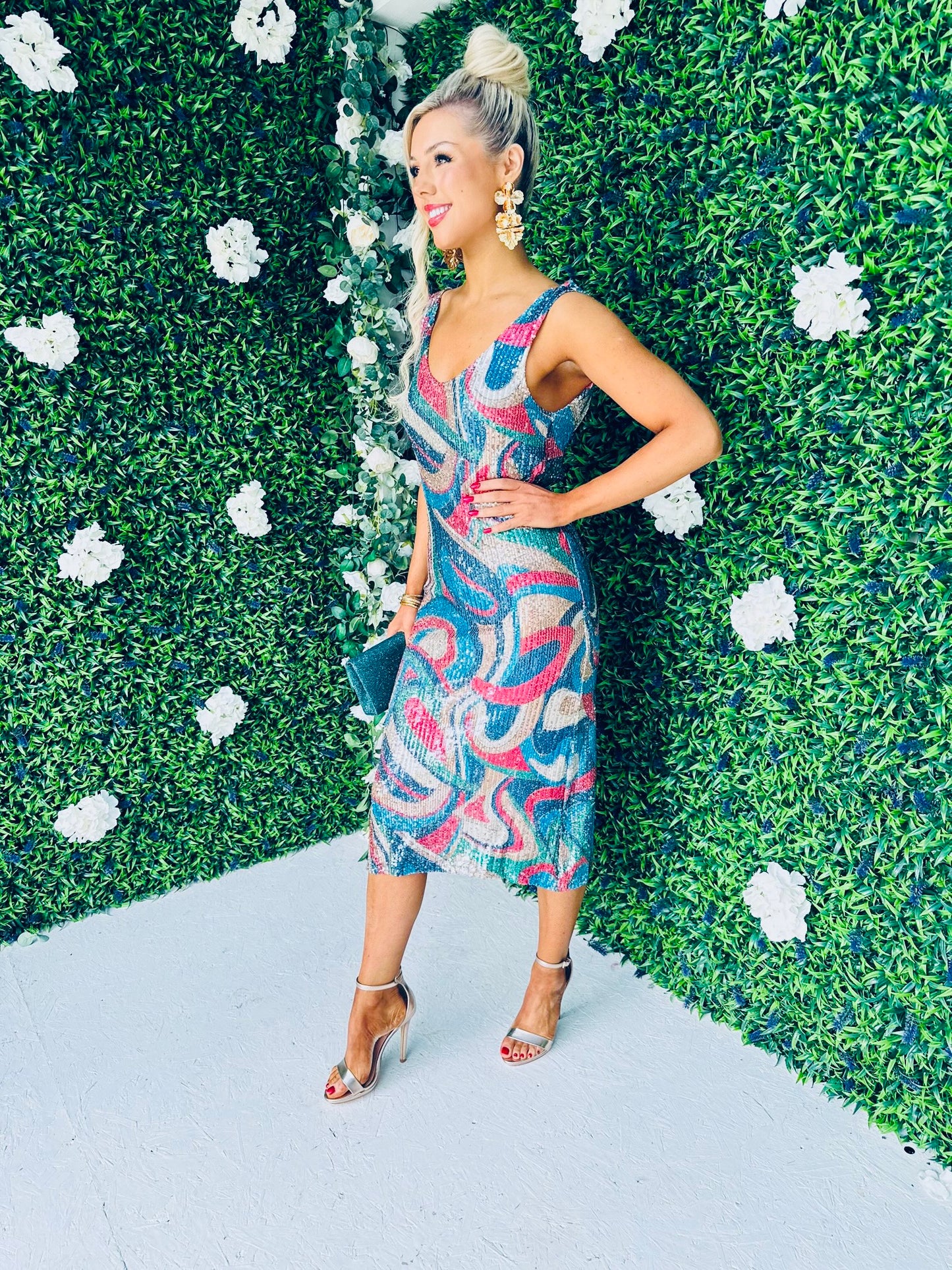 Paisley Sequin Midi Dress Blue