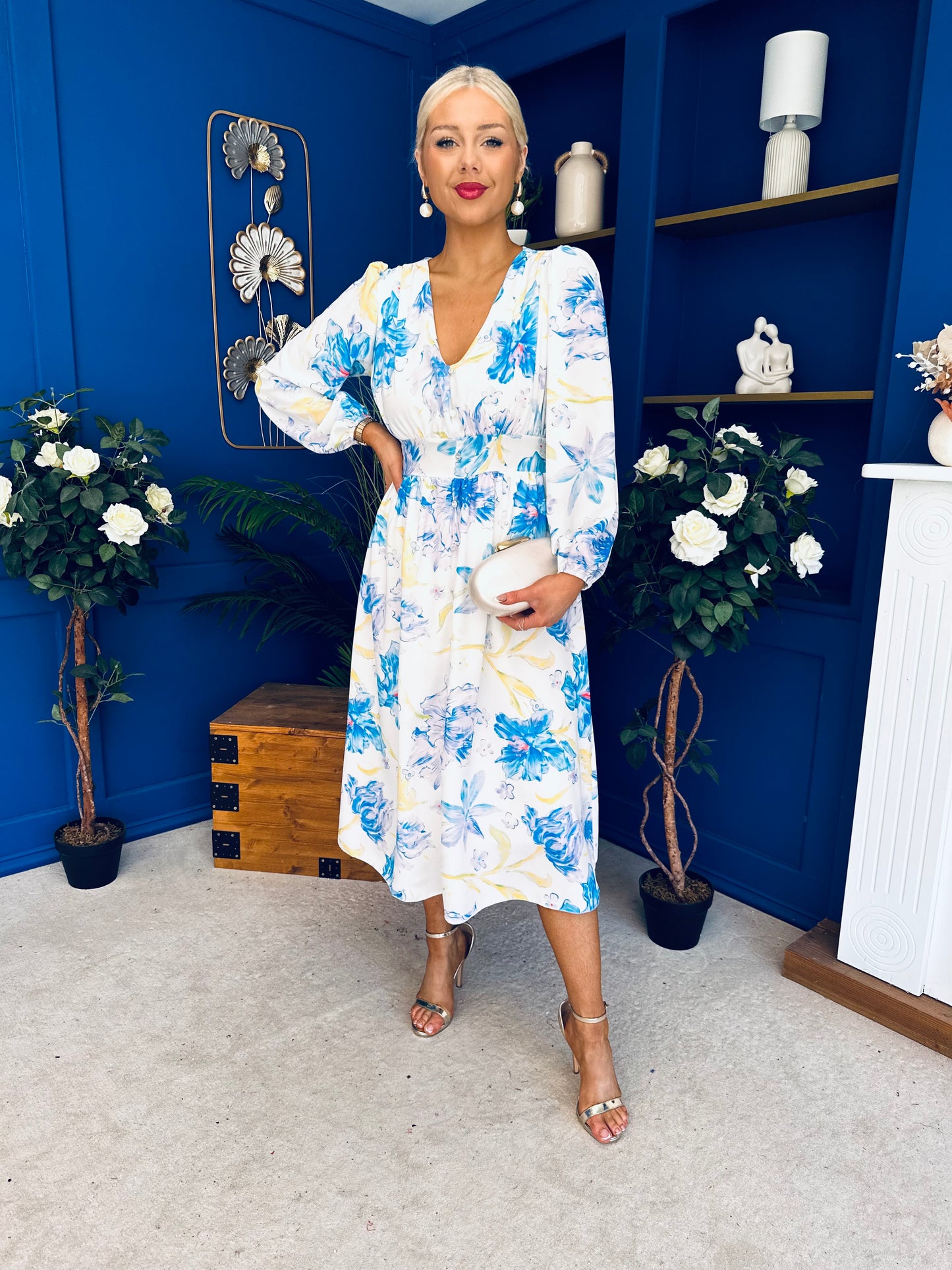 Grainne Button Detail Midi Dress Floral Blue
