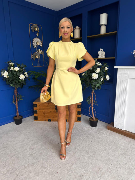 Ami Tulip Sleeve High Neck Mini Dress Yellow