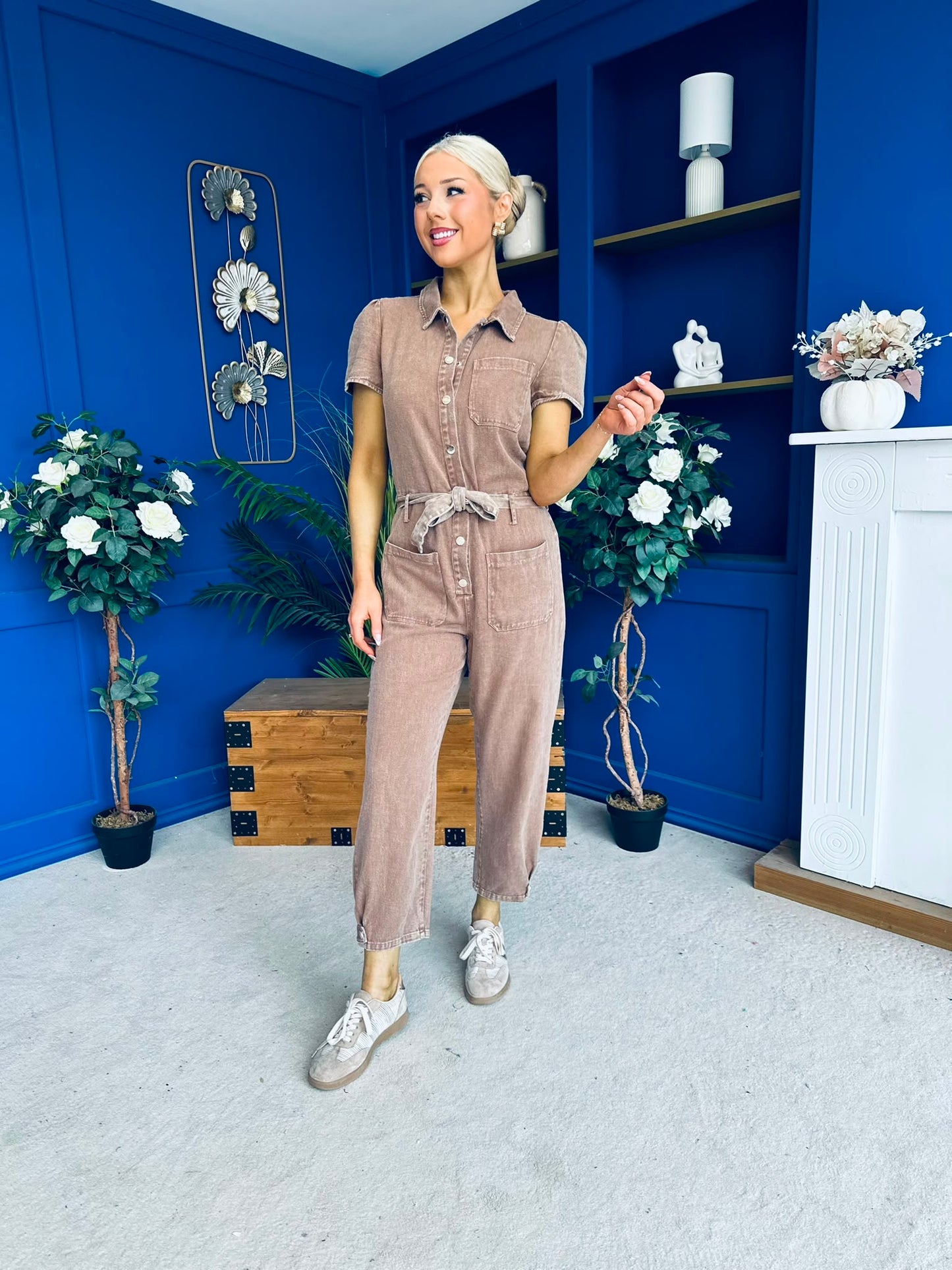 Marissa Short Sleeve Denim Jumpsuit Mocha PRE ORDER Arriving 15 August