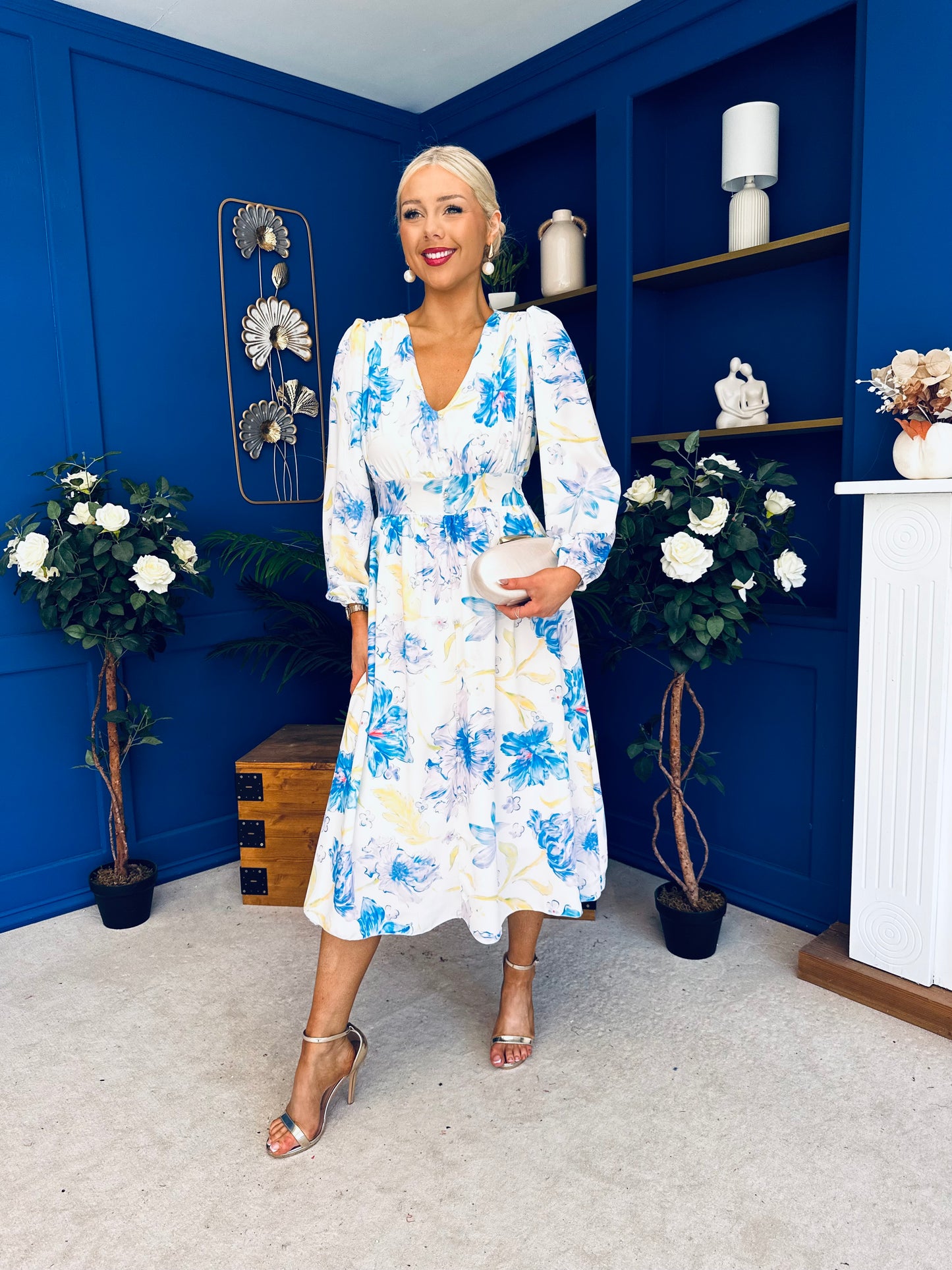 Grainne Button Detail Midi Dress Floral Blue