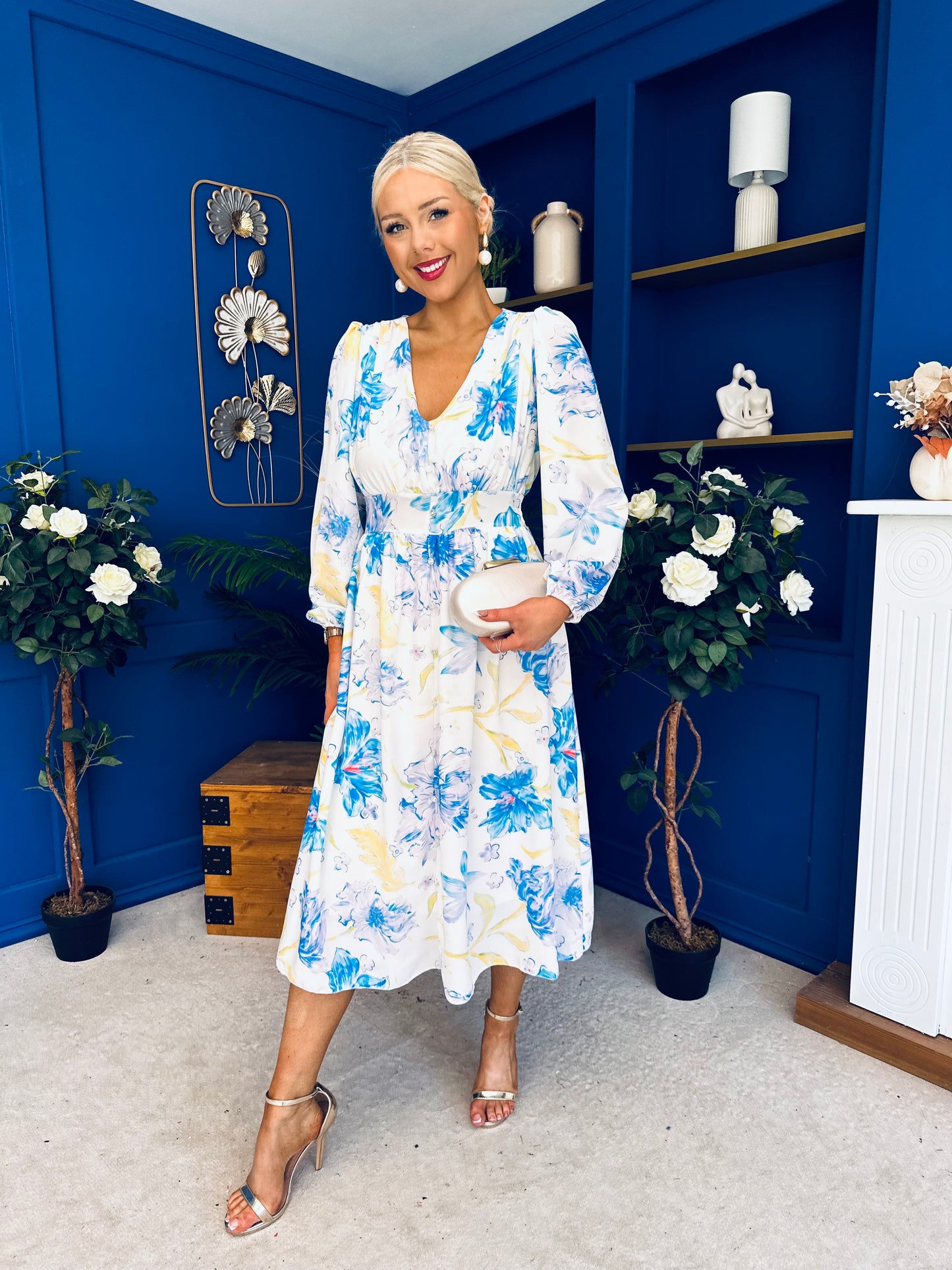 Grainne Button Detail Midi Dress Floral Blue