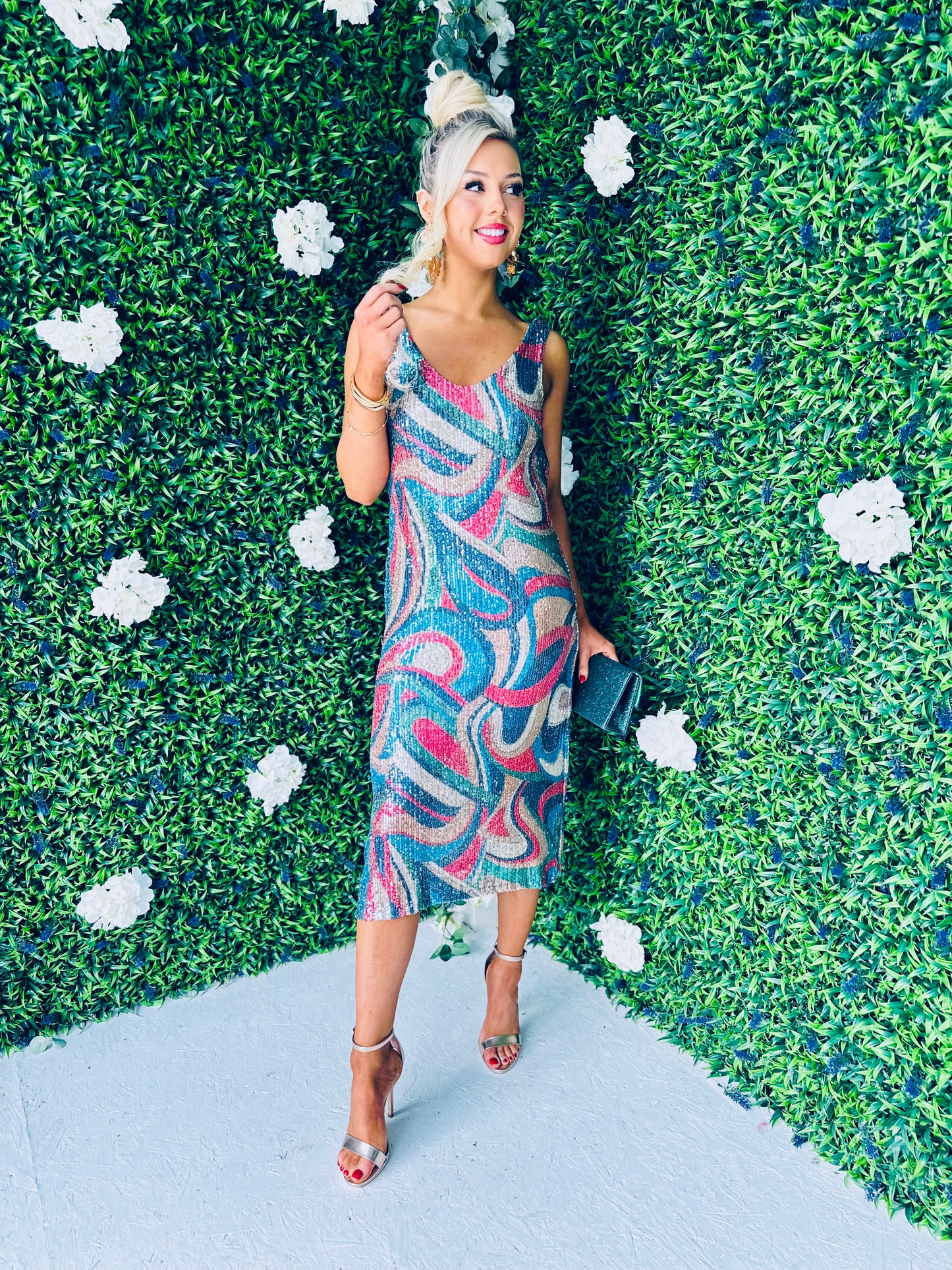 Paisley Sequin Midi Dress Blue