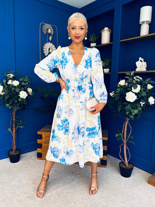 Grainne Button Detail Midi Dress Floral Blue