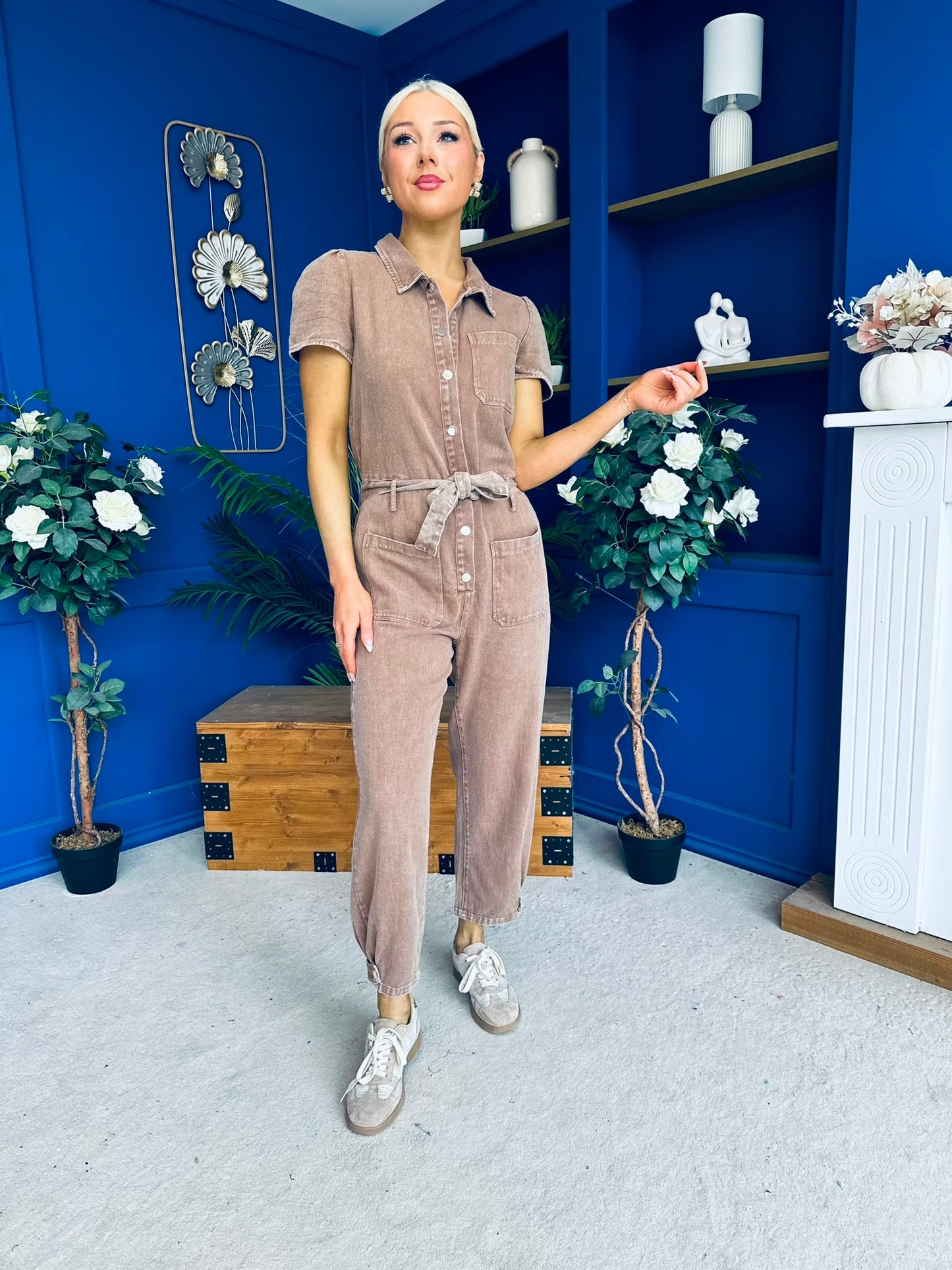 Marissa Short Sleeve Denim Jumpsuit Mocha PRE ORDER Arriving 15 August