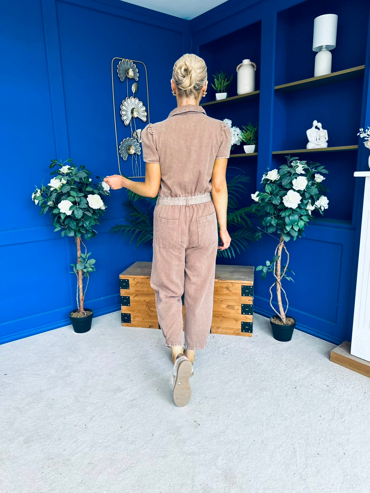 Marissa Short Sleeve Denim Jumpsuit Mocha PRE ORDER Arriving 15 August