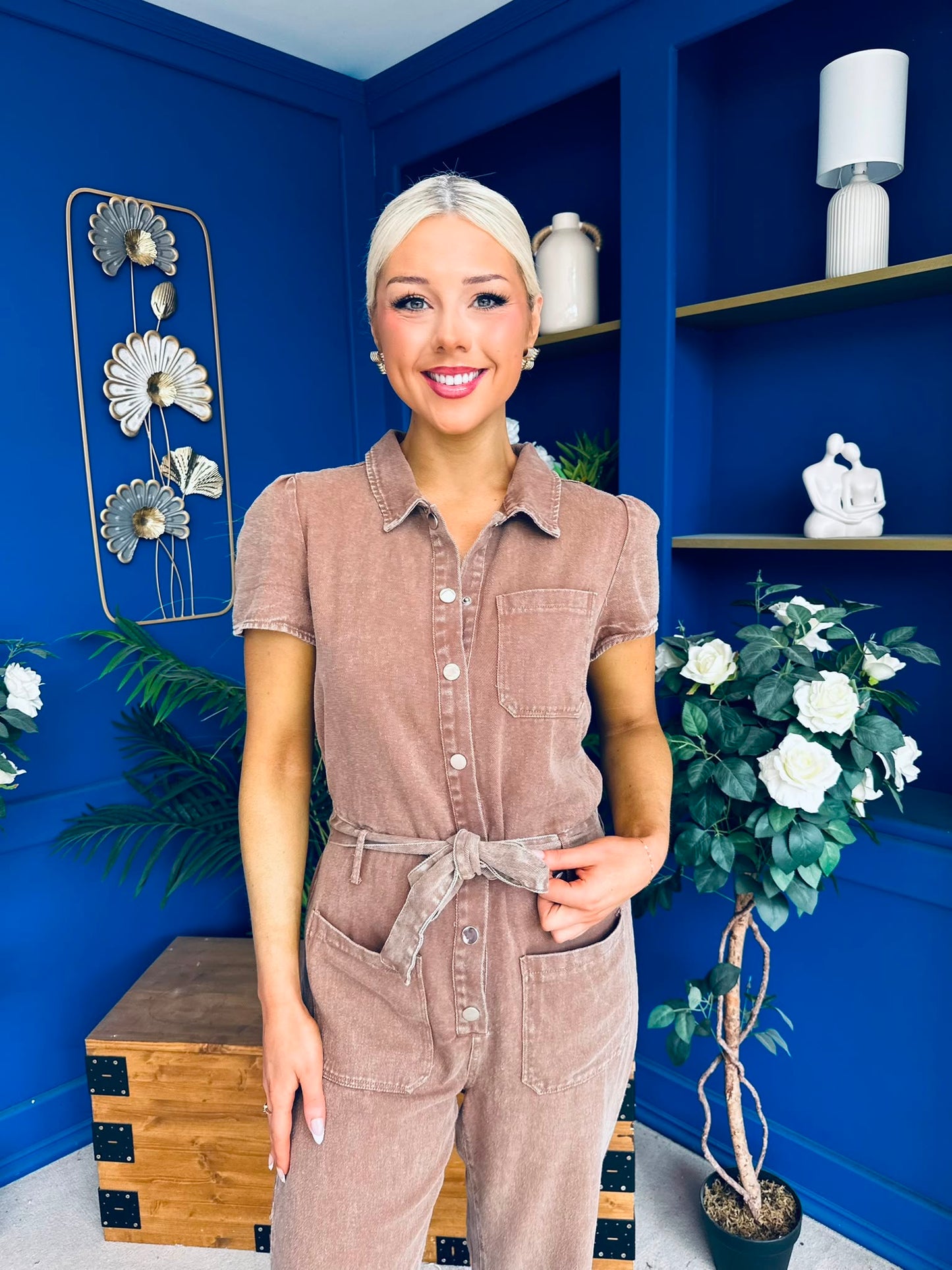 Marissa Short Sleeve Denim Jumpsuit Mocha PRE ORDER Arriving 15 August