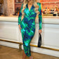 Margie Green Printed Long Sleeve Wrap Midi Dress