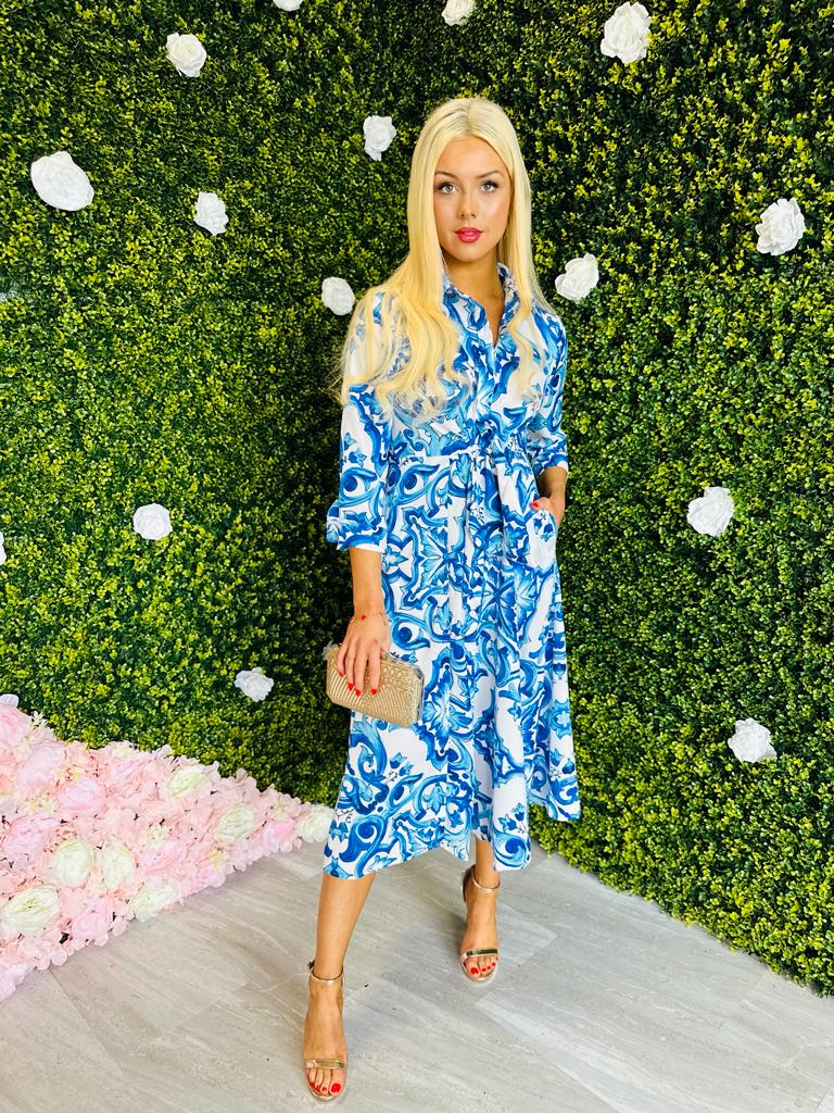 Odette Shirt Dress With Tie Baroque White & Blue